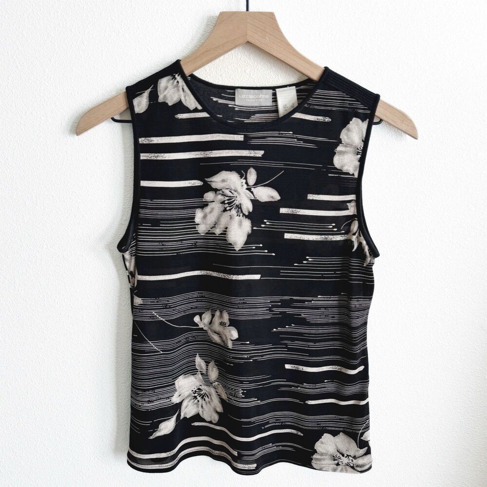 Liz Claiborne Top Womens Small Black‎ Tropical 100% Silk Coconut Girl Beach 90s